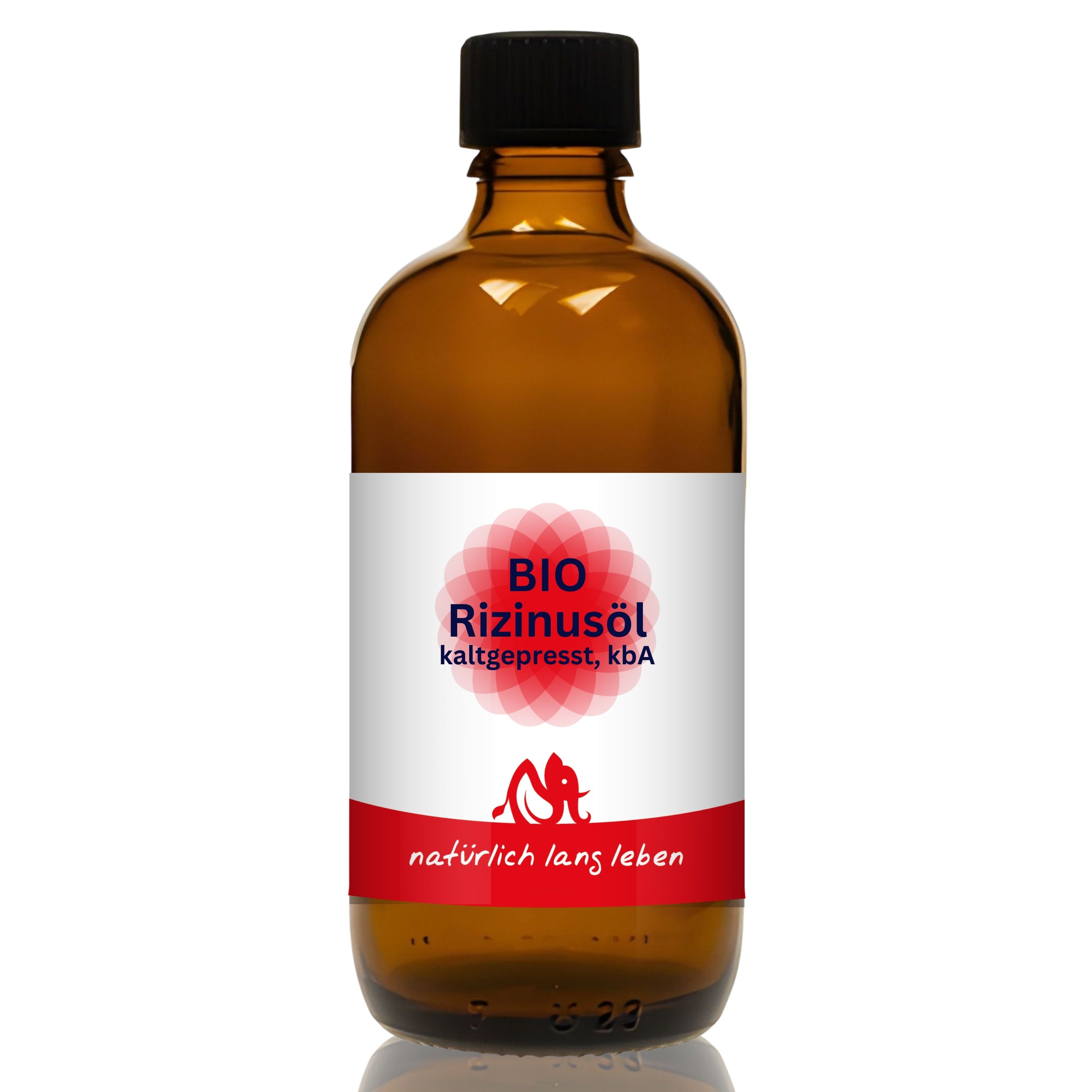 Braune Glasflasche mit schwarzem Deckel und Etikett. Aufschrift: BIO Rizinusöl kaltgepresst, kBA. Roter Schriftzug: natürlich lang leben.