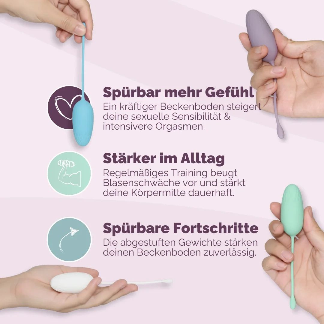 Hände halten farbige Vaginalkugeln. Text zeigt Vorteile: mehr Gefühl, stärker im Alltag, spürbare Fortschritte. Illustrationen zeigen die Anwendung.