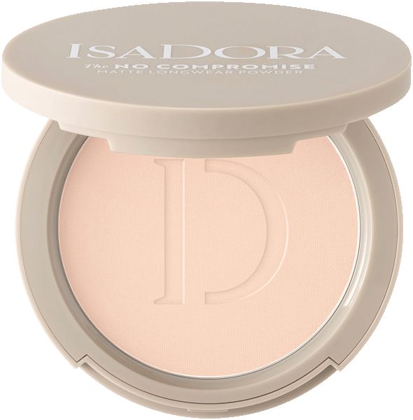 Beigefarbene Puderdose, geöffnet. Innen Puder, geprägt mit einem 'D'. Aufschrift: ISADORA, The No Compromise.