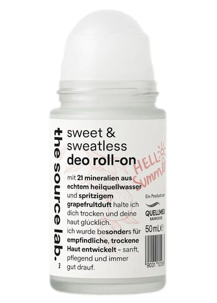 Deo Roll-On von the source lab. mit Text: sweet & sweatless deo roll-on. 50ml. Mit echtem Heilquellwasser. Text: Hello Summer. Produkt von Quellmed.