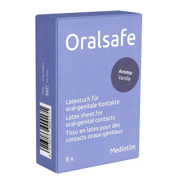 Blaue Schachtel mit "Oralsafe"-Schriftzug. Text: Latex-Tuch für oral-genitale Kontakte. Aroma: Vanille. 8 Stück. Marke: Medintim.
