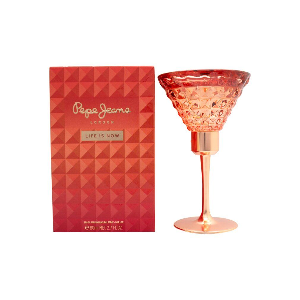 Rosafarbener Flakon in Cocktailglasform neben einer orangefarbenen Schachtel mit Diamantmuster. Auf der Schachtel steht "Pepe Jeans London".