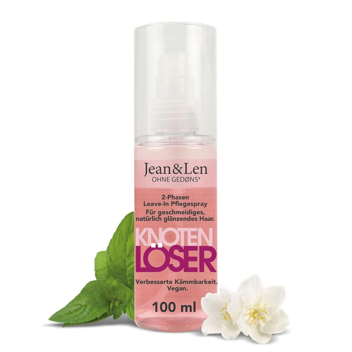 Transparente Sprühflasche mit rosa Flüssigkeit. Aufschrift: Jean & Len Knotenlöser. 100 ml. Mit Minze und Jasminblüten.