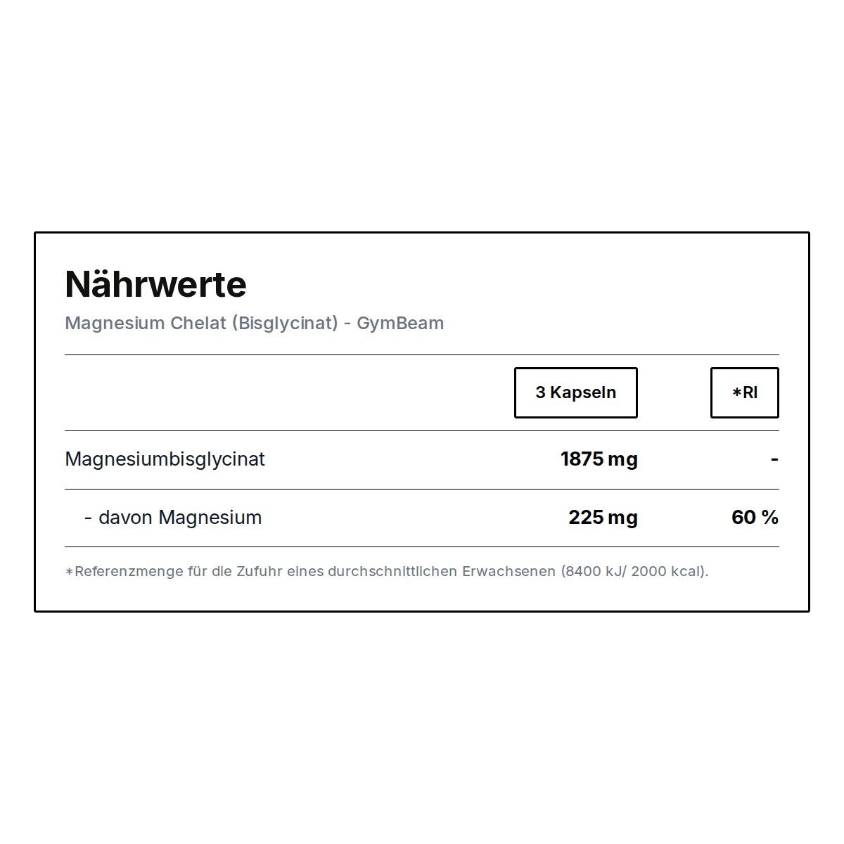 Nährwertangaben für Magnesium Chelat (Bisglycinat) von GymBeam pro 3 Kapseln: 1875 mg Magnesiumbisglycinat, davon 225 mg Magnesium (60% RI).