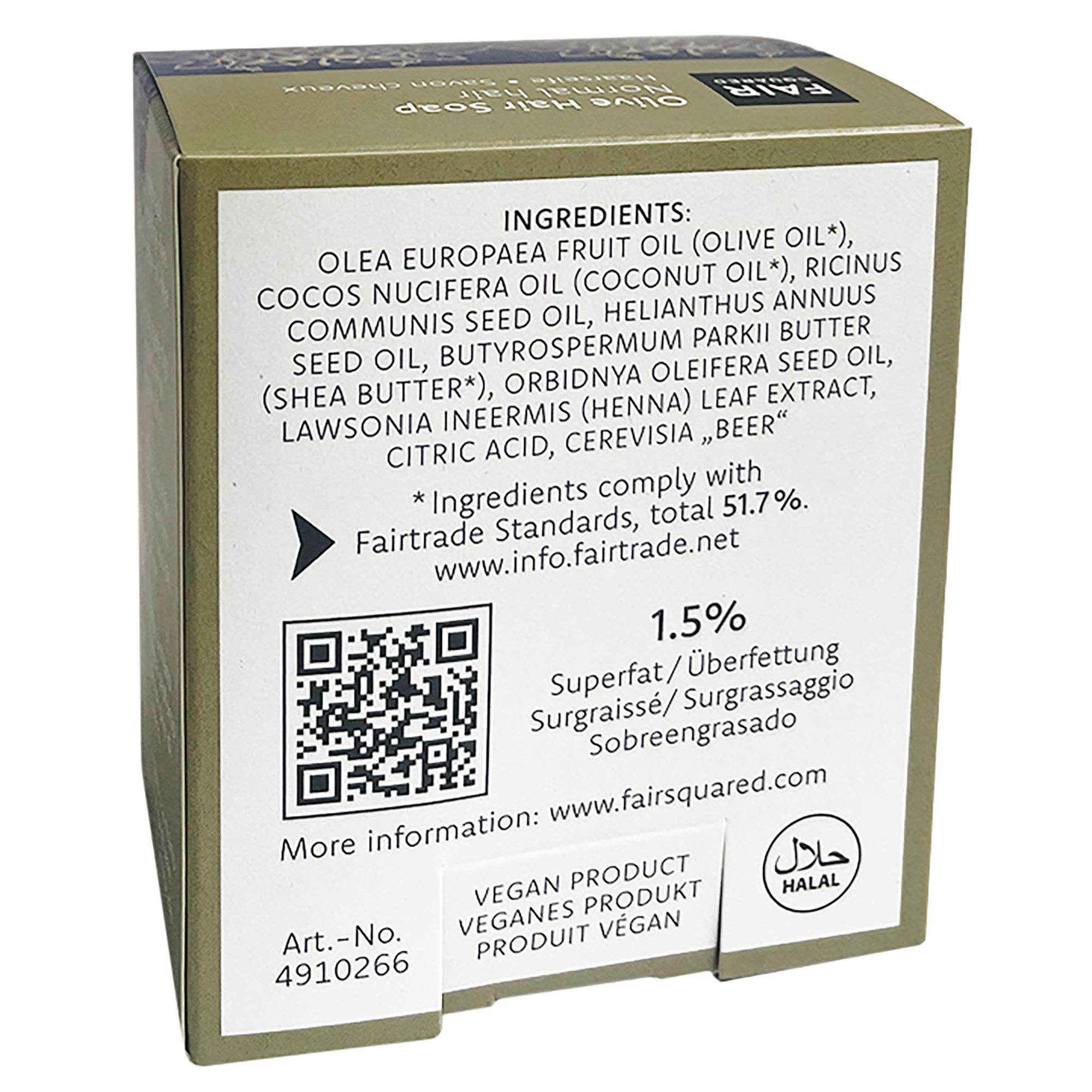 Karton mit Text. Zutatenliste, QR-Code, Fairtrade-Siegel, veganes Produkt, Halal-Siegel. Rückseite der Haarseife.