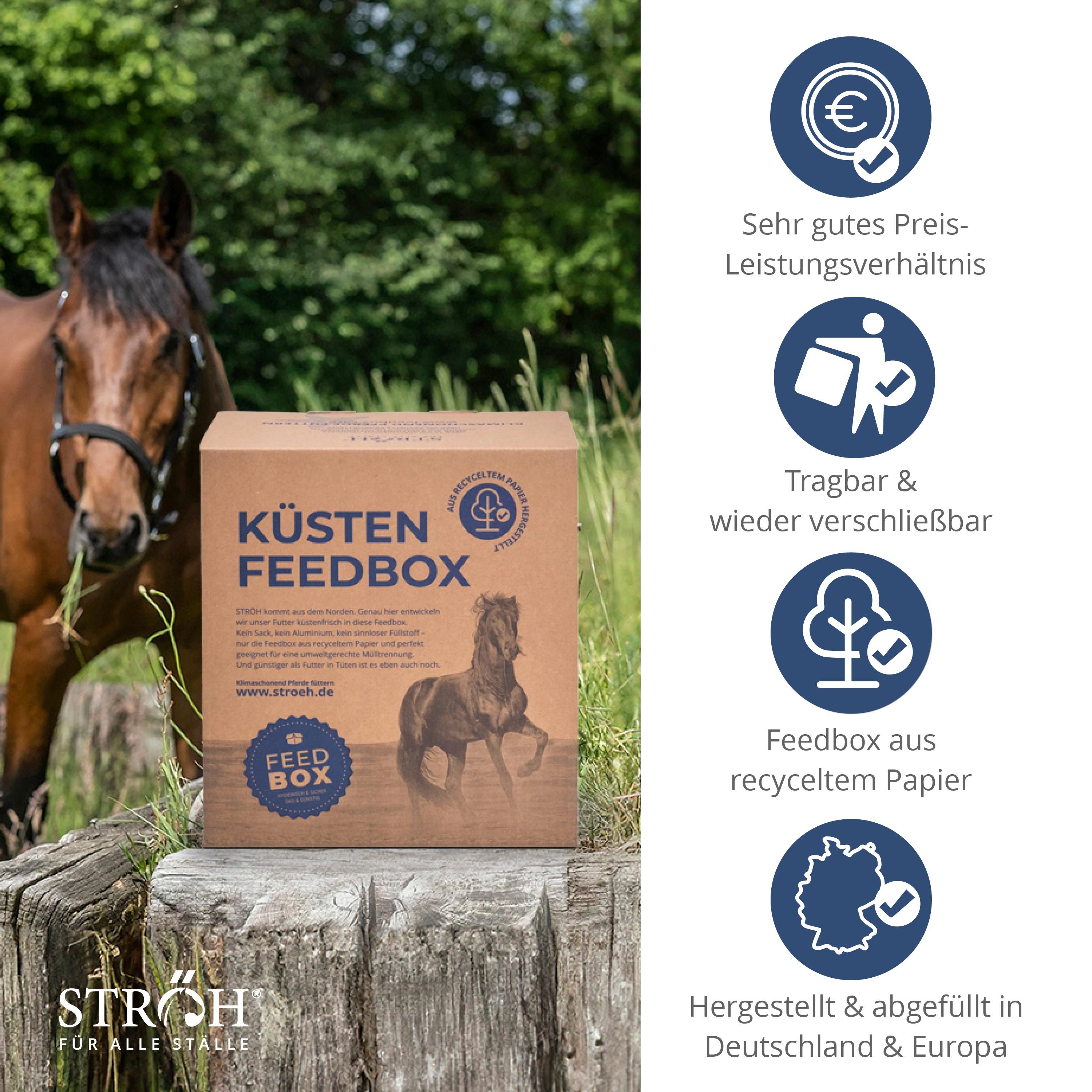 STRÖH Küsten Feedbox auf einem Holzstamm, mit einem Pferd im Hintergrund. Die Box ist aus Recyclingpapier.