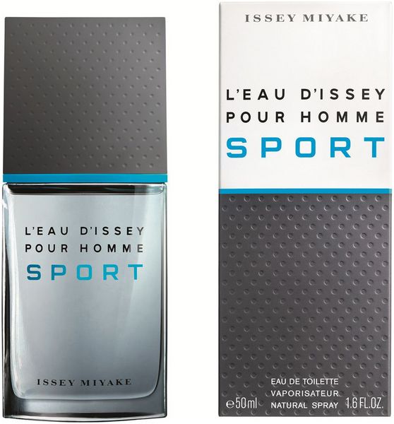 Flakon und Verpackung von L'Eau d'Issey Pour Homme Sport. Flakon mit blauem Streifen und grauem Deckel. Verpackung mit Logo und Produktnamen.