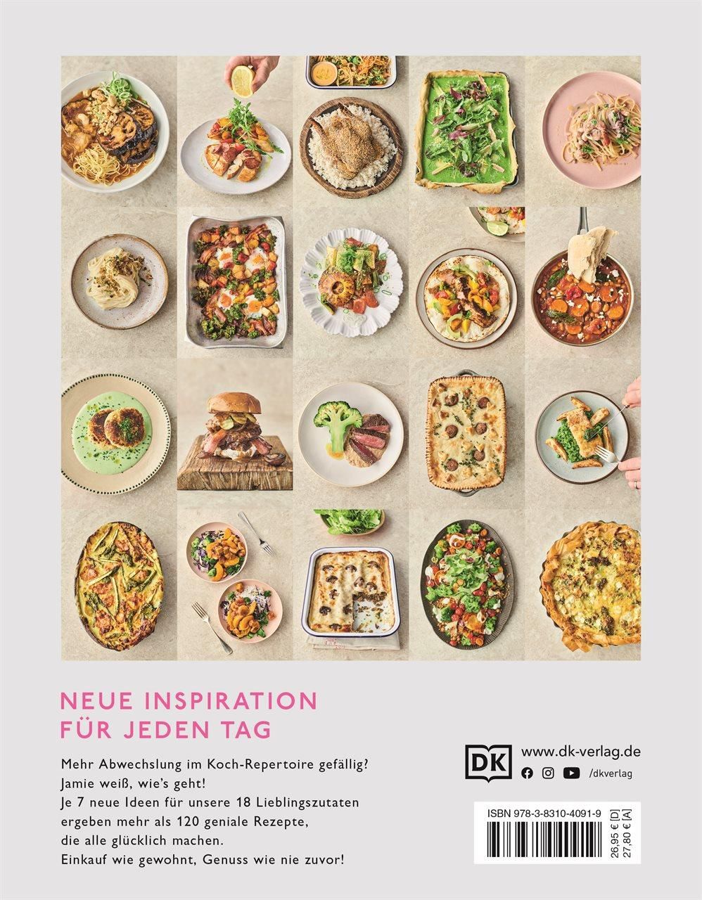 Rückseite des Kochbuchs "7 Mal Anders". Mehrere Teller mit Gerichten. Text: "Neue Inspiration für jeden Tag".