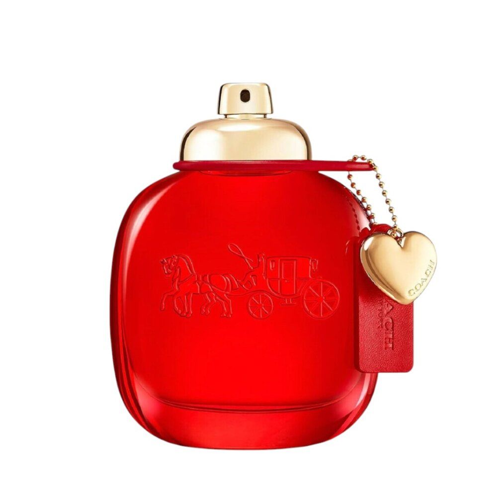 Rote Coach Love Eau de Parfum Flasche mit goldener Kappe und Anhänger.