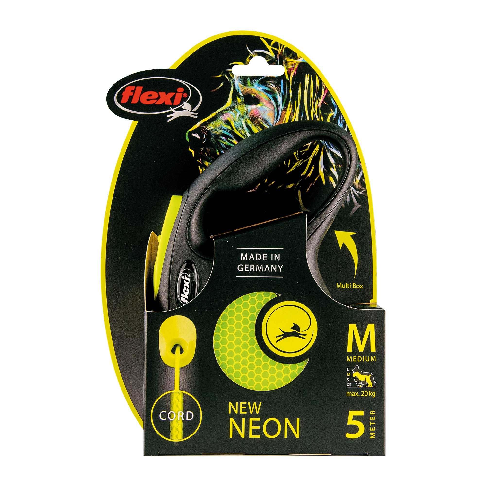 Flexi-Leine in Verpackung. Schwarzer Griff, gelbes Seil. "New Neon" und "5 Meter". Hundesymbol. "Made in Germany".