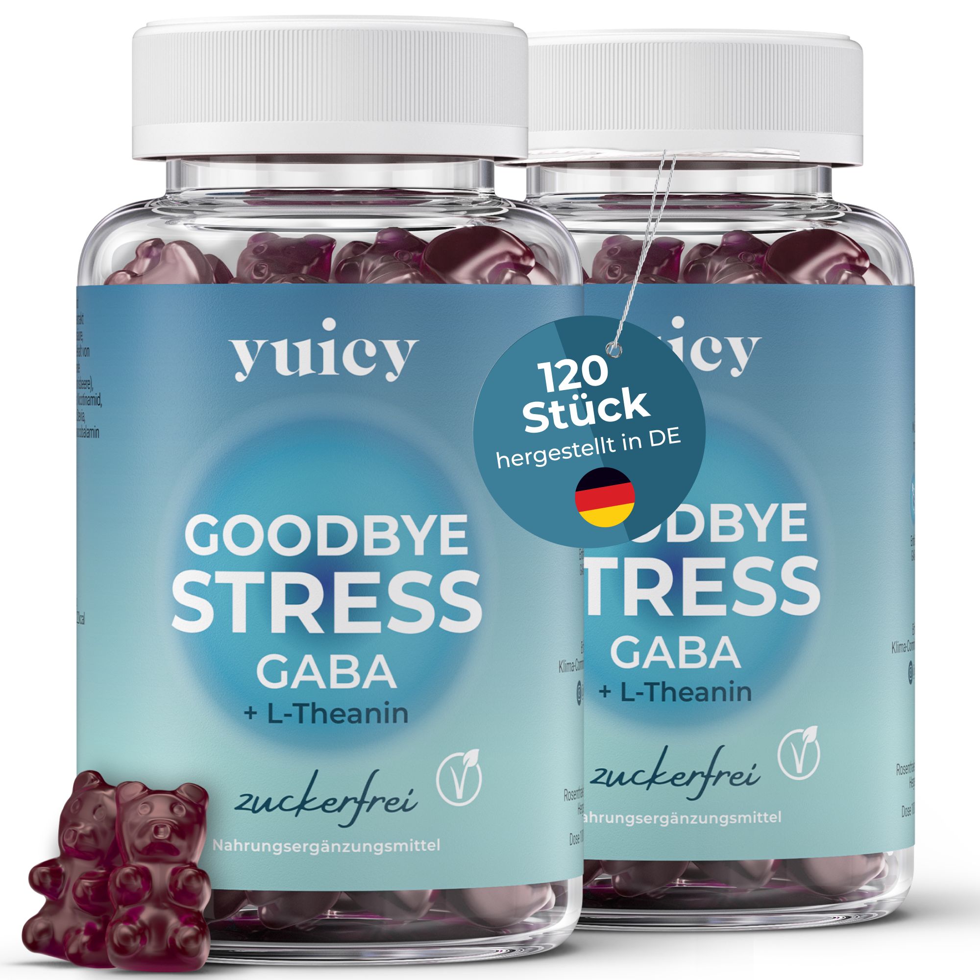 Zwei Flaschen yuicy® Good Bye Stress GABA Gummibärchen. Aufschrift: 120 Stück, hergestellt in DE. Gummibärchen daneben.