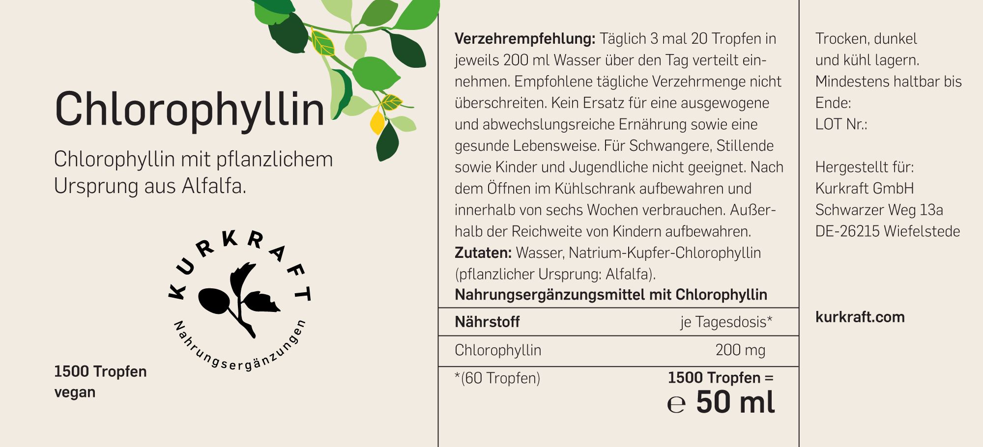 Etikett mit Text: Chlorophyllin, 1500 Tropfen, vegan. Text: Nahrungsergänzungsmittel mit Chlorophyll. Text: Kurkraft.