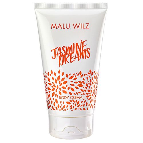 Weiße Tube mit orangefarbenem Aufdruck. Schriftzug: MALU WILZ, JASMIN DREAMS, BODY CREAM. Florales Muster.