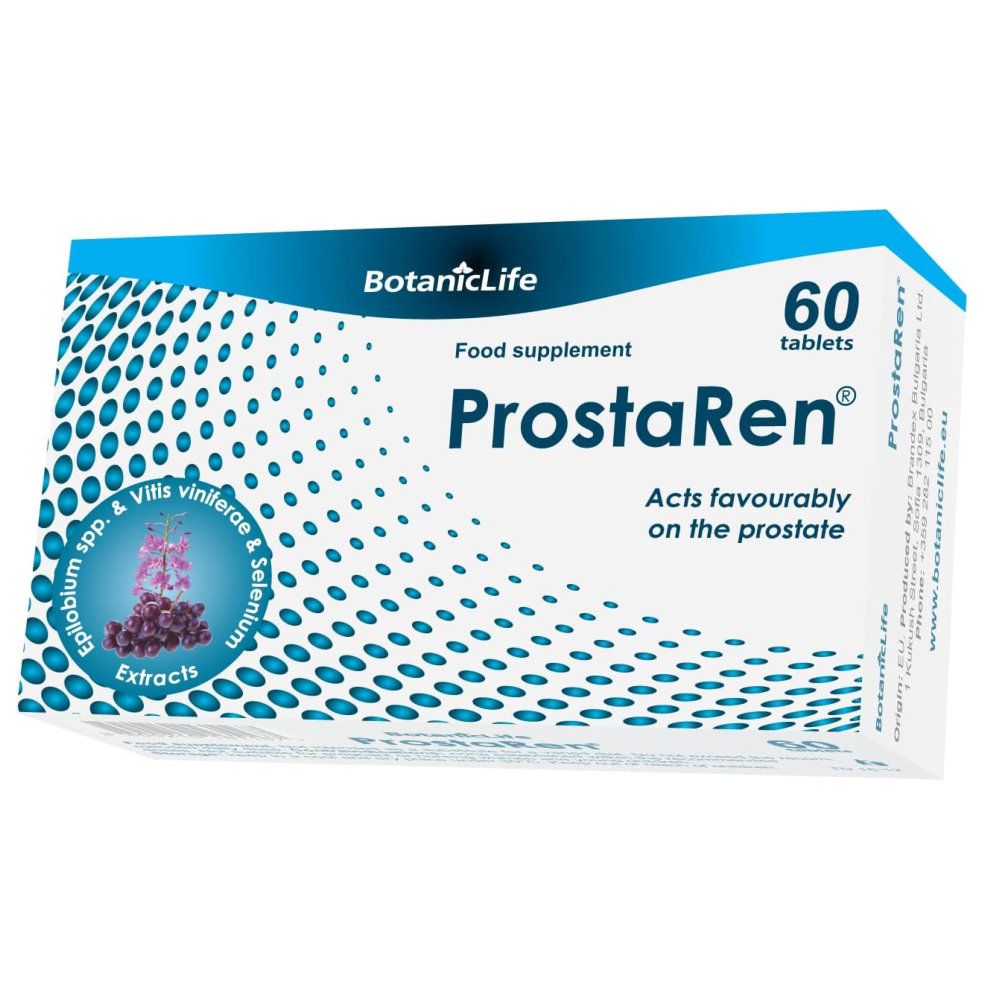 Blisterpackung mit 60 Tabletten. Aufschrift: BotanicLife, ProstaRen, Food supplement, Acts favourably on the prostate.