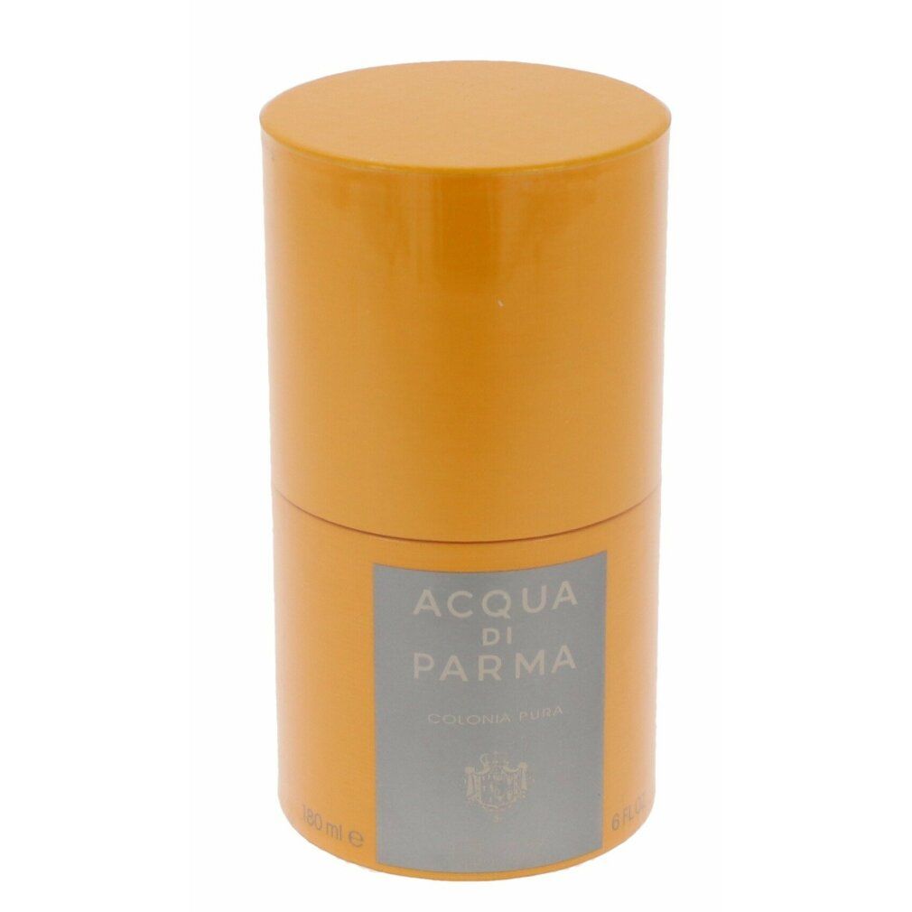 Zylindrische, orangefarbene Verpackung mit Etikett. Aufschrift: Acqua di Parma Colonia Pura.