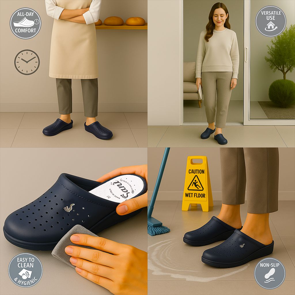 Diverse scene con zoccoli anatomici blu scuro. Ambienti diversi: cucina, ufficio, superficie bagnata. Marchio Sani.