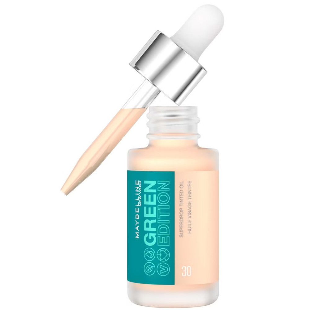 Maybelline New York Green Edition Gesichtsöl-Flasche mit Pipette. Aufkleber mit Produktnamen und Farbnummer 30.
