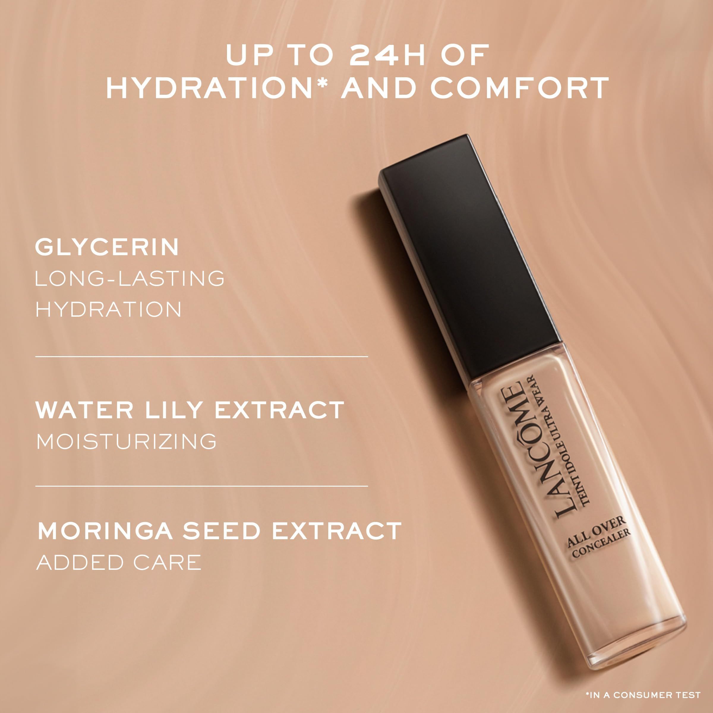 Lancôme Concealer. Text: Bis zu 24h Feuchtigkeit. Inhaltsstoffe: Glycerin, Wasserlilienextrakt, Moringa-Samenextrakt.