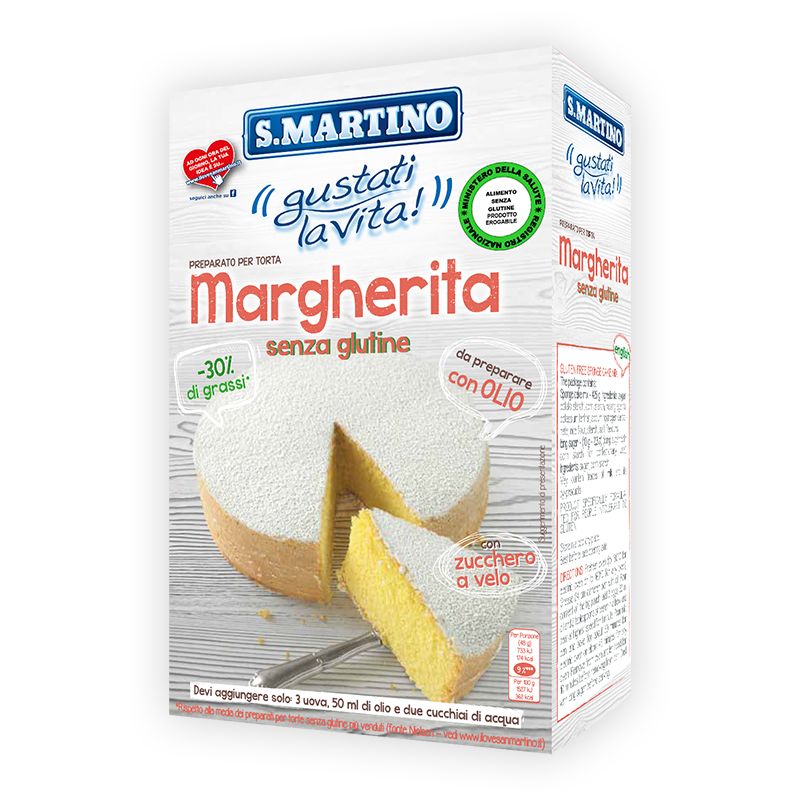 Confezione per preparato per torta Margherita senza glutine. Marchio S. Martino. Fetta di torta con zucchero a velo.