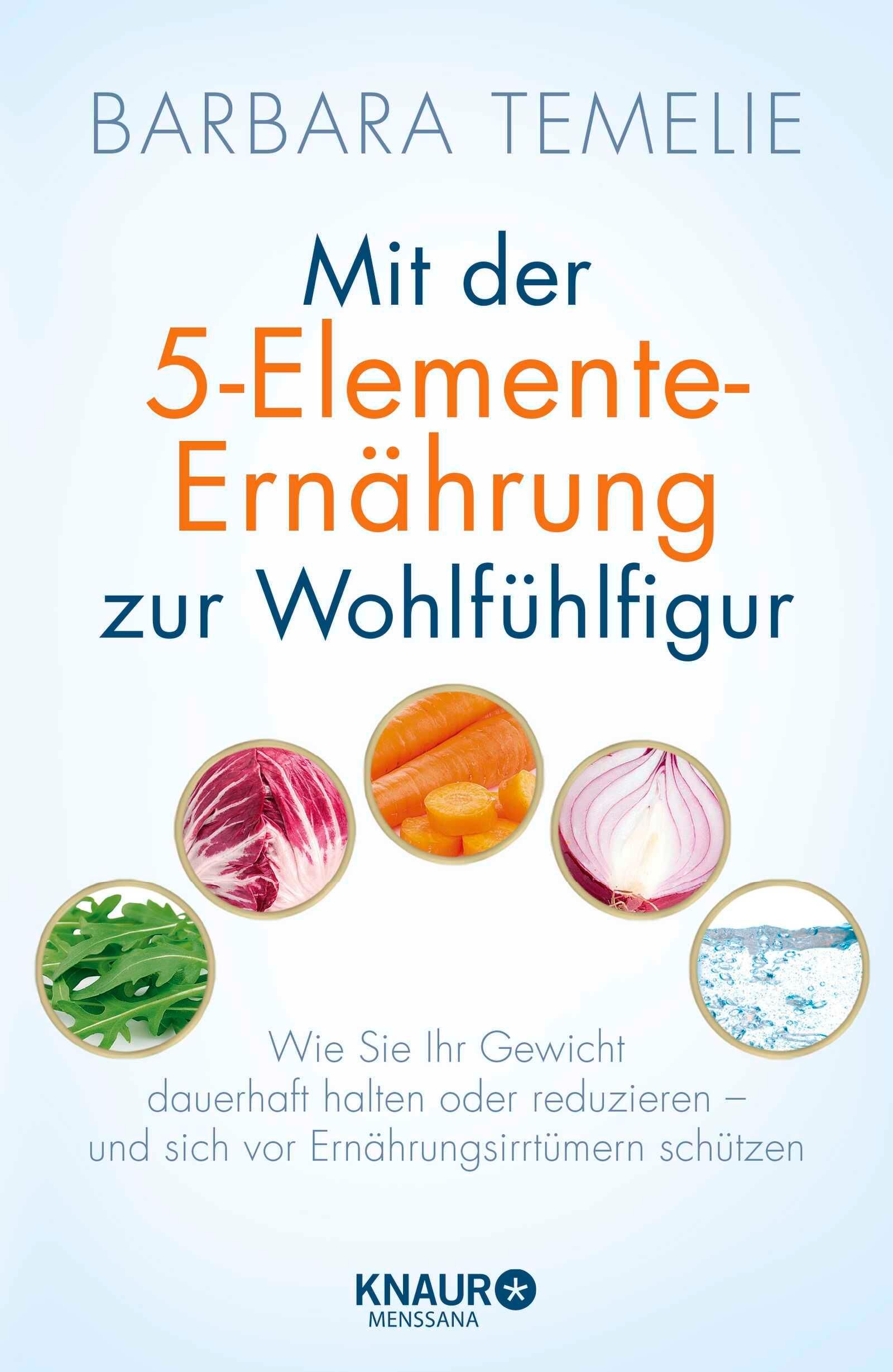 Buchcover mit Titel: Mit der 5-Elemente-Ernährung zur Wohlfühlfigur. Illustrationen von Gemüse und Wasser.