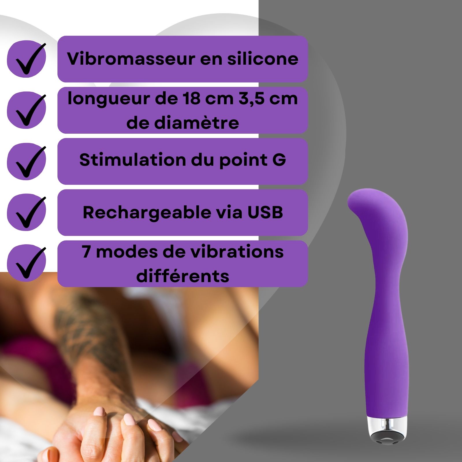 Vibrateur violet. Silicone, forme incurvée. Texte: Vibrateur en silicone, 18cm long, 3,5cm diamètre, stimulation point G, USB.