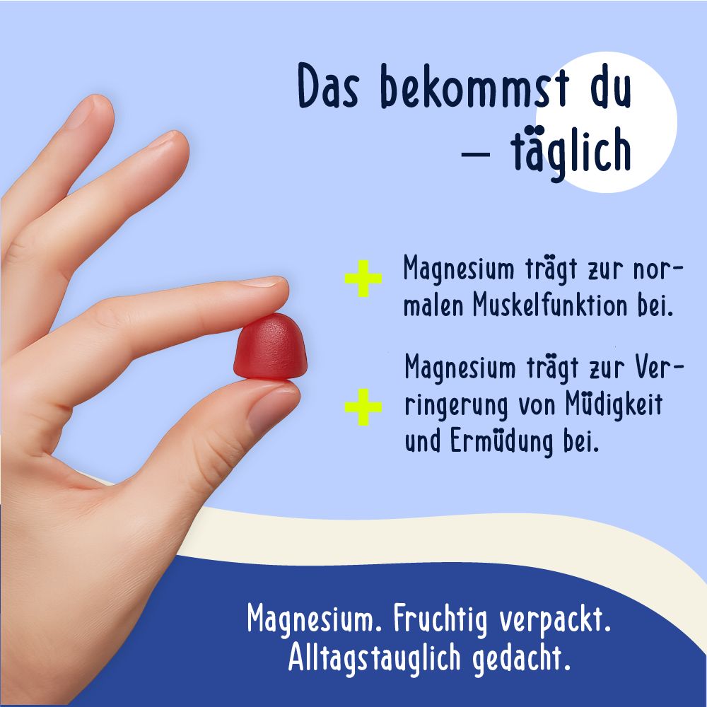 Hand hält eine rote Gummibärchen. Text: Magnesium trägt zur normalen Muskelfunktion bei. Magnesium trägt zur Verringerung von Müdigkeit bei.