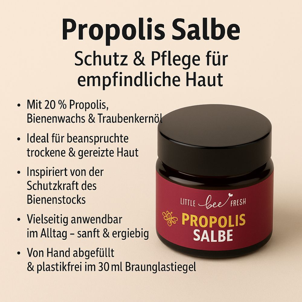 Braunglas-Tiegel mit schwarzem Deckel. Etikett mit "PROPOLIS SALBE" und "Little bee fresh". Text: Schutz & Pflege für empfindliche Haut.