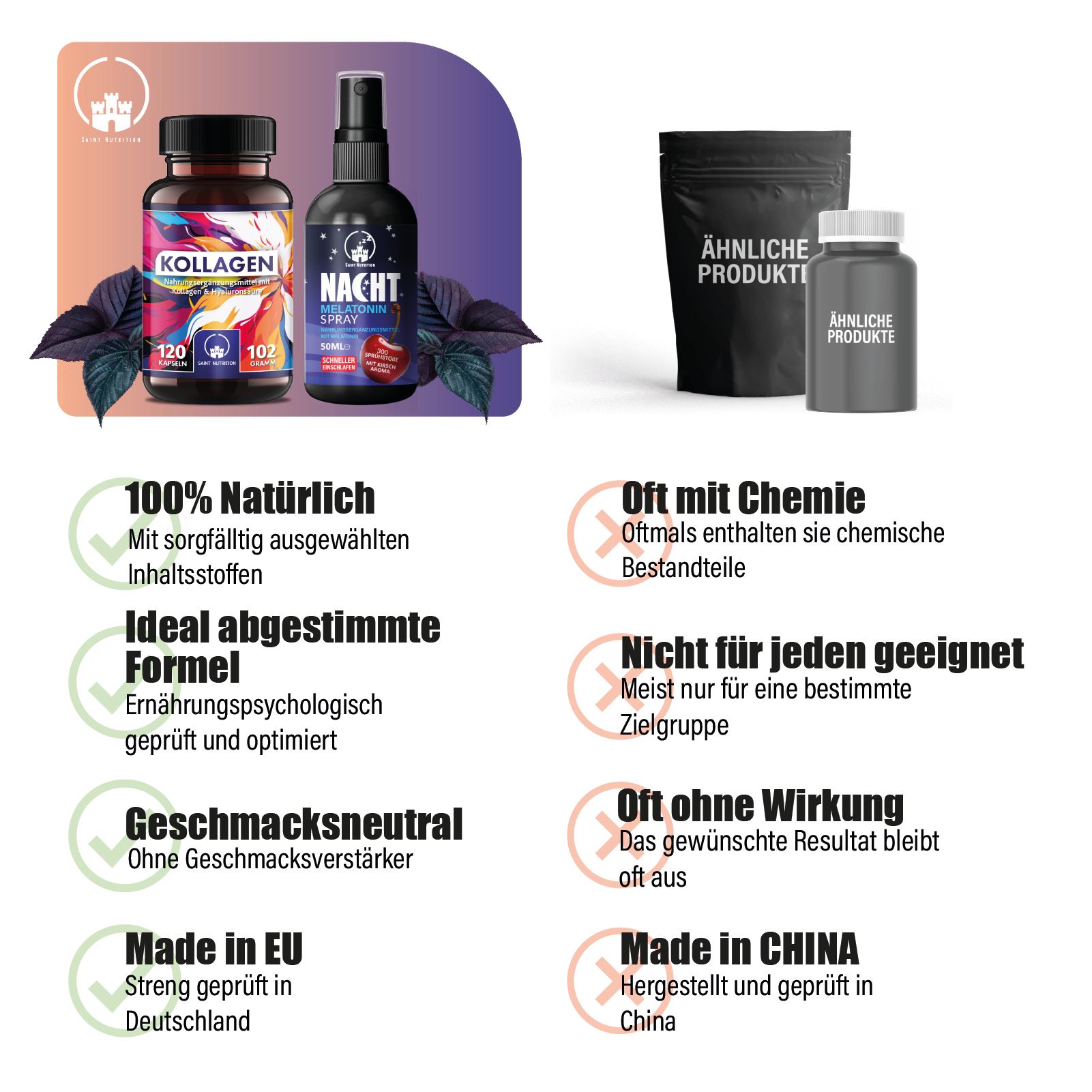 Vergleich: Kollagen Kapseln und Nacht Melatonin Spray. 100% natürlich. Made in EU. Oft mit Chemie. Made in China. Saint Nutrition®.