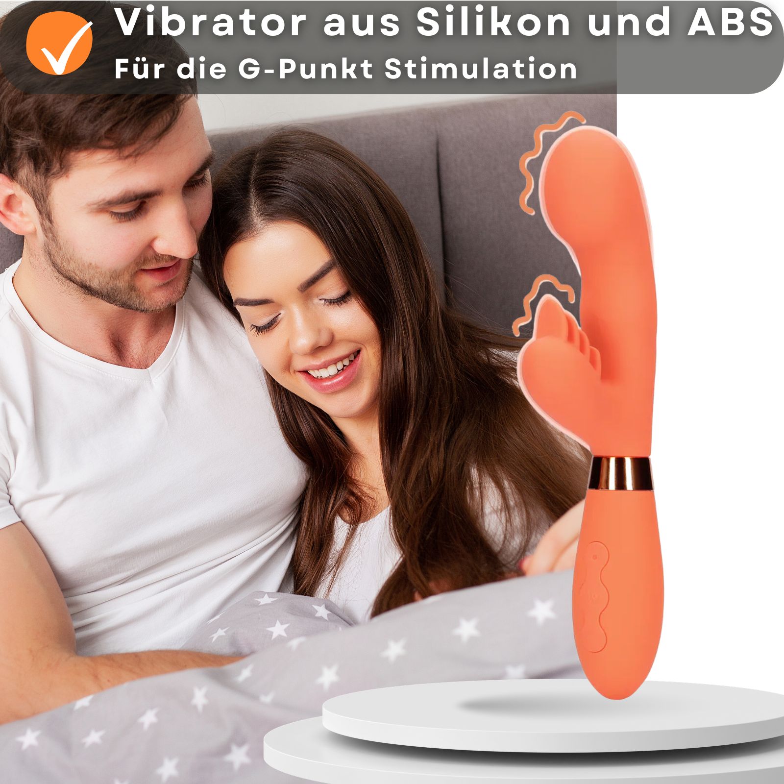 Orangefarbener Vibrator neben Paar. Text: Silikon und ABS, G-Punkt-Stimulation.