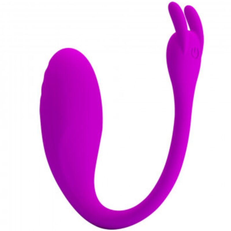 Lila Silikonvibrator mit zwei Häschenohren und einem gebogenen Schaft. Ein Knopf ist sichtbar.