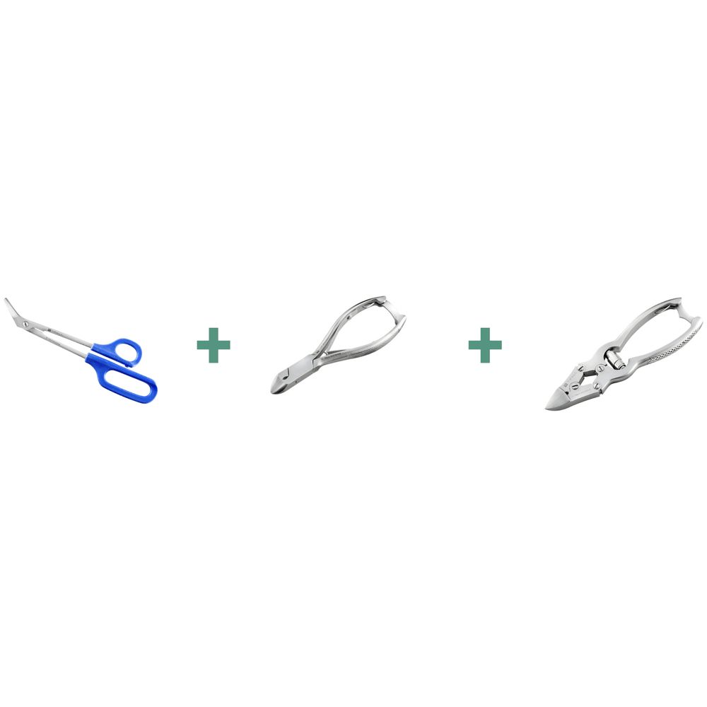 Set aus drei Instrumenten: Zange mit blauen Griffen, Nagelzange, Zehennagelknipser.