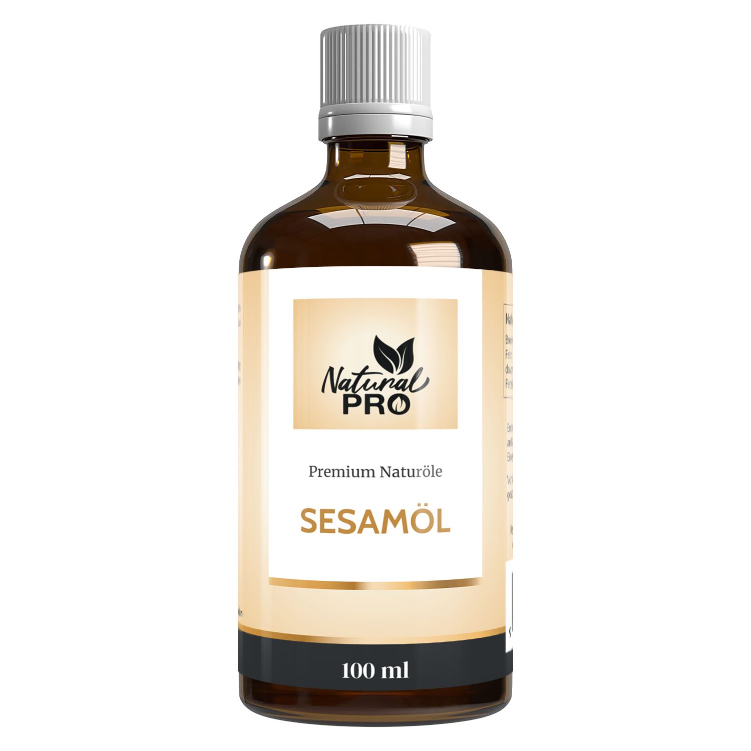 Braune Glasflasche Sesamöl. Aufschrift: Natural Pro Sesamöl. 100 ml.