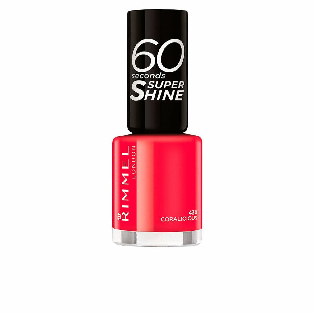 Nagellackflasche, rot, mit schwarzem Deckel. Aufschrift: Rimmel London, 60 seconds super shine, 430 Coralicious.