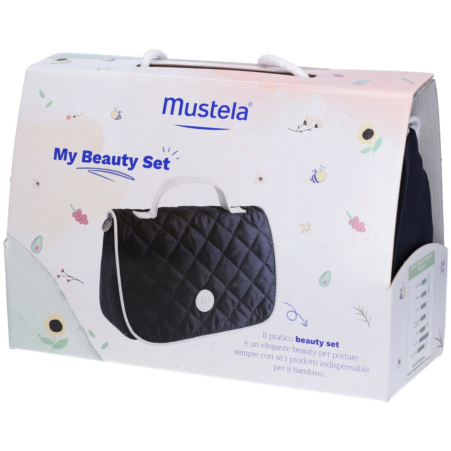 Confezione del Mustela My Beauty Set. Contiene una borsa cosmetica blu scuro con manico. Stampa con nome e logo del prodotto.