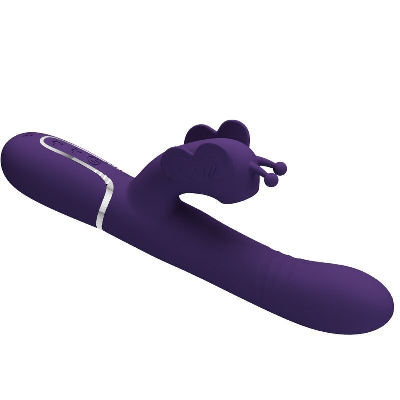 Lila Vibrator mit Kaninchen-Design. Mit Ohren und Knopfleiste. Schräge Ansicht.