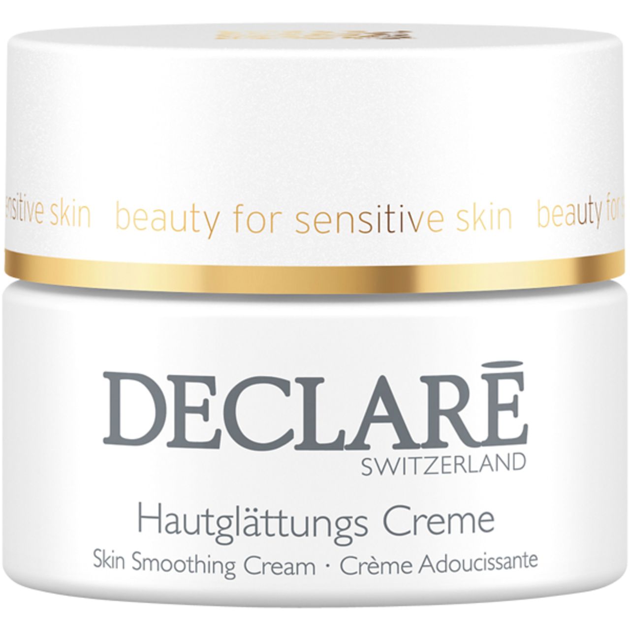 Creme-Tiegel mit Deckel. Aufschrift: DECLARÉ SWITZERLAND, Hautglättungs Creme, Skin Smoothing Cream, Crème Adoucissante.