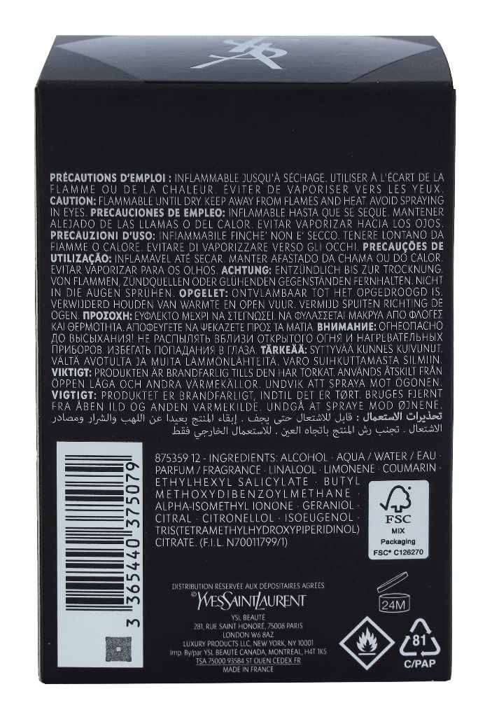Rückseite einer schwarzen Verpackung mit Text. Enthält Inhaltsstoffe, Warnhinweise, Recycling-Symbole und die Marke YSL.