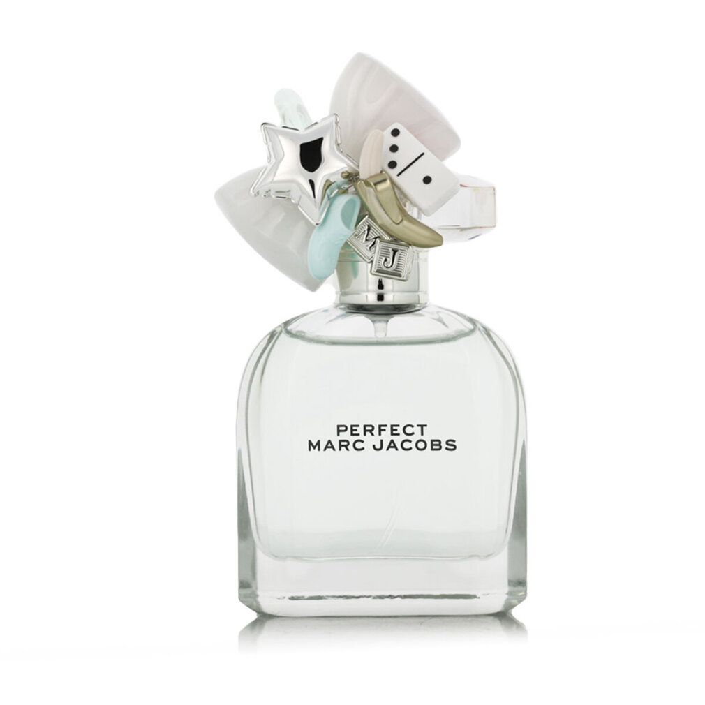 Transparenter Flakon mit Aufsatz. Aufschrift: PERFECT MARC JACOBS. Verschluss mit Stern, Domino, Banane.