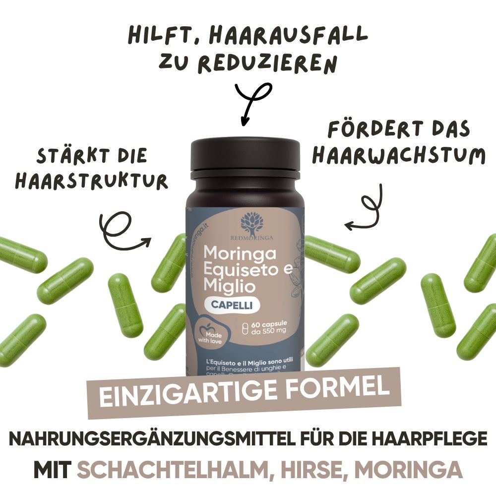 Flasche mit Inhaltsstoffen für Haarwachstum: Schachtelhalm, Hirse, Moringa, Biotin.
