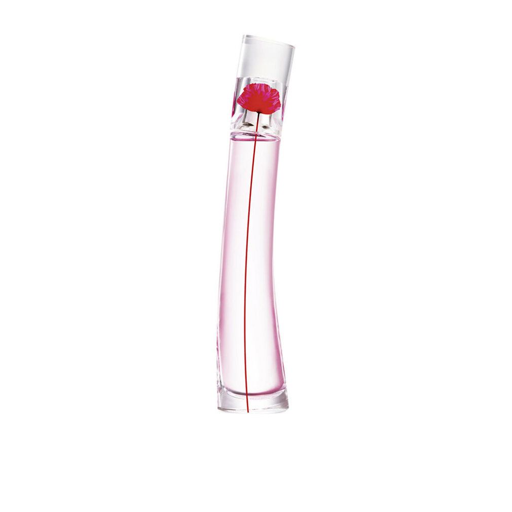 Rosa Flakon mit rotem Blütenverschluss. Der Flakon ist leicht gebogen und steht schräg.