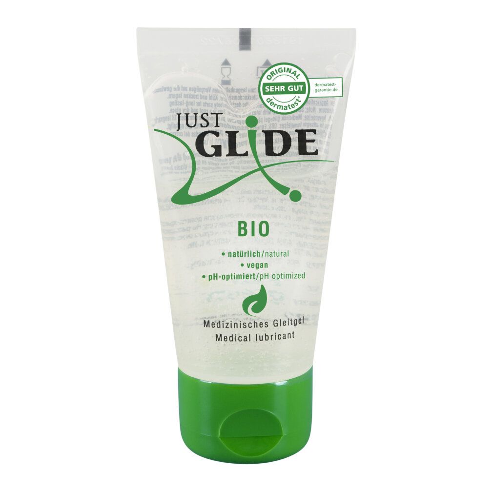 Transparente Tube mit grünem Verschluss. Aufschrift: JUST GLIDE BIO. Enthält Informationen zu Inhaltsstoffen und Zertifizierungen.