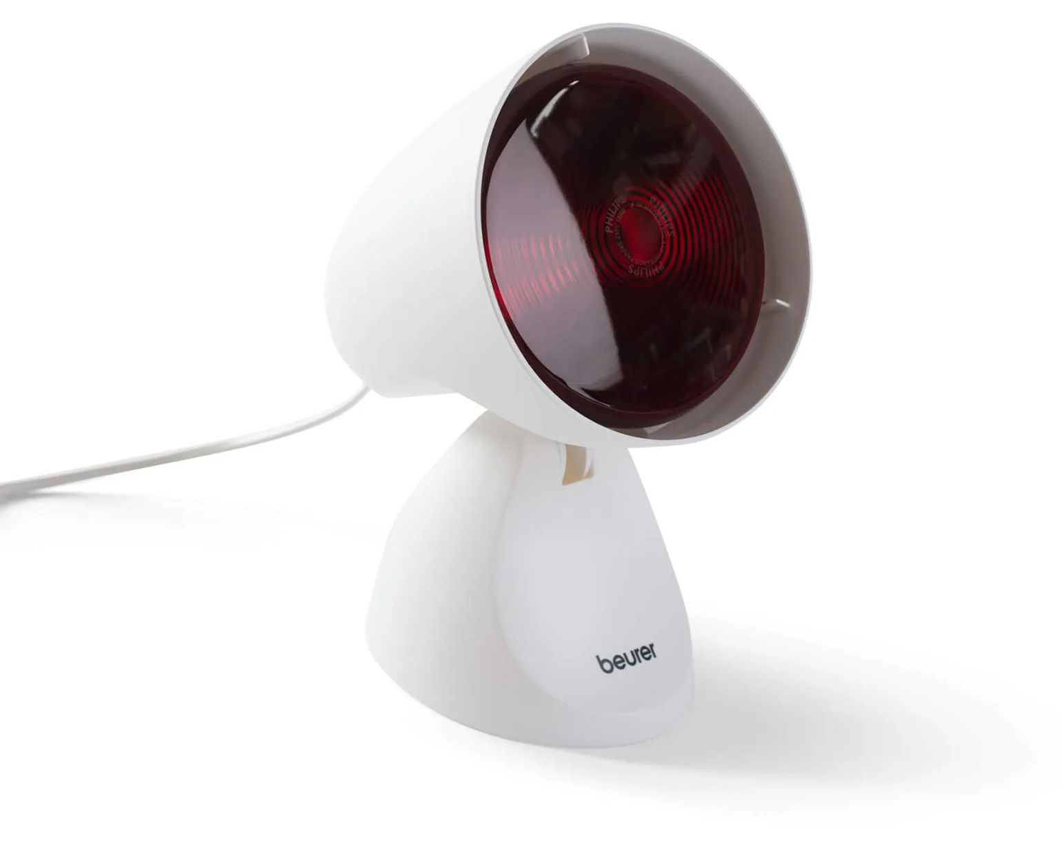 Weiße Infrarotlampe mit rotem Leuchtkörper. Marke: beurer. Mit Netzkabel.