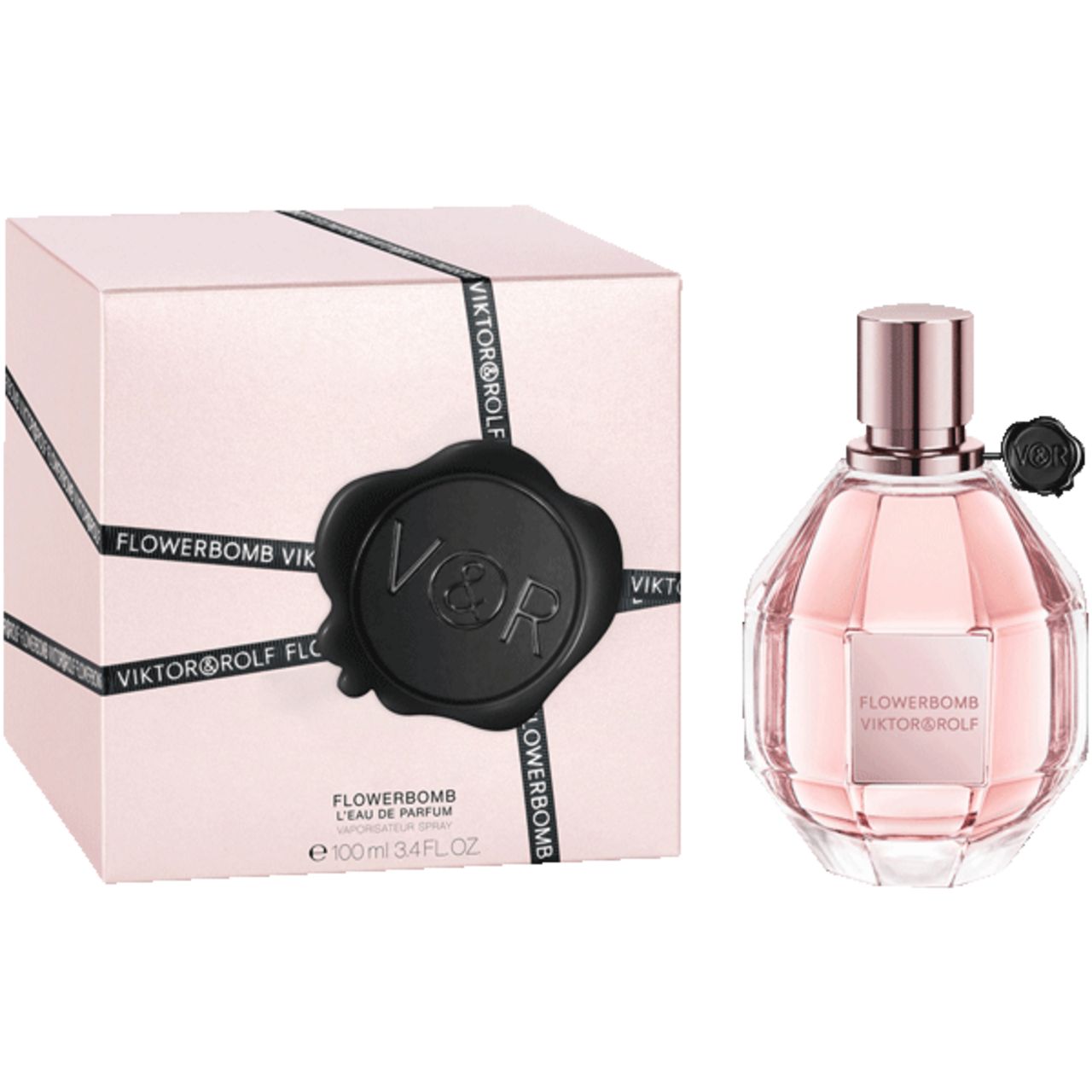 Rosafarbener Flakon mit roségoldfarbenem Verschluss. Aufschrift Flowerbomb Viktor & Rolf. Schwarzes Siegel. Box.