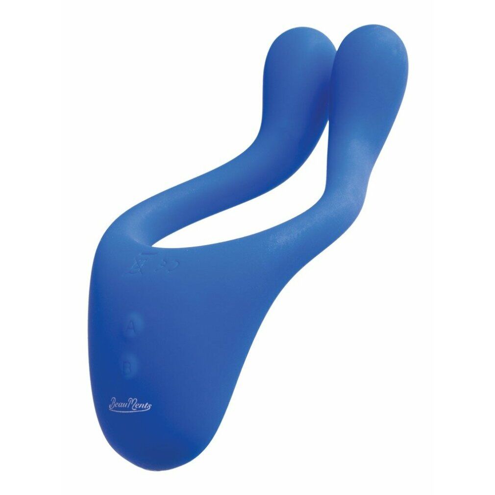 Blauer Vibrator. U-förmig mit zwei Erhebungen. Glatte Oberfläche. Marke sichtbar.