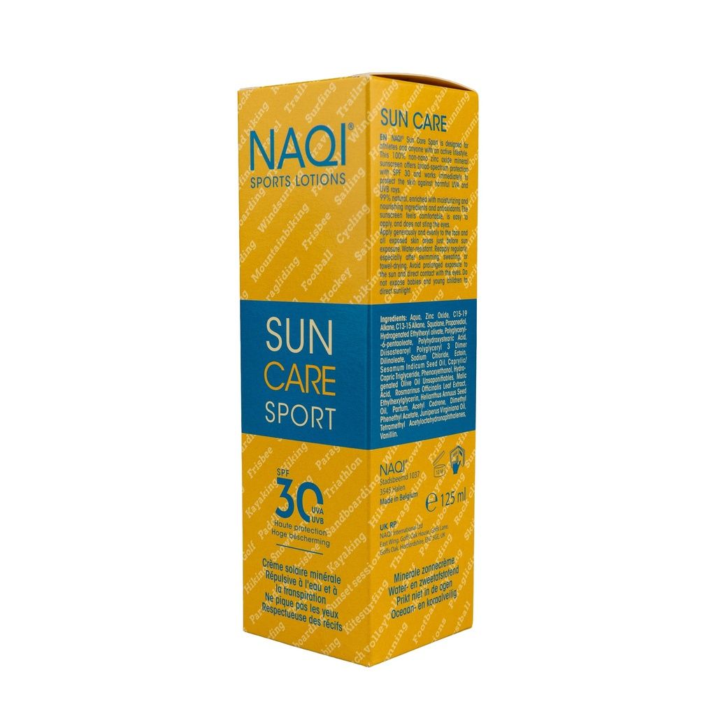 NAQI Sun Care Sport Sonnenschutz SPF 30 Flasche und Karton.