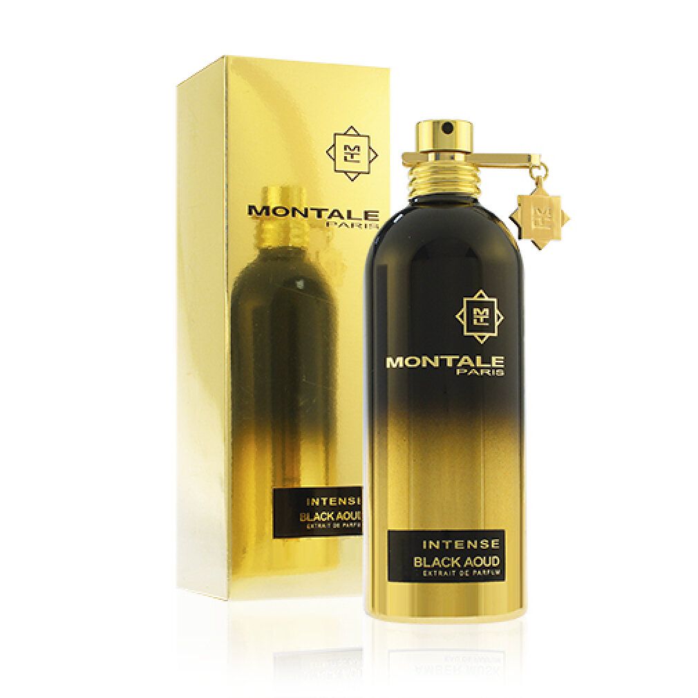 Goldfarbene Schachtel und Flakon. Schwarzer Flakon mit goldfarbenem Farbverlauf. Aufschrift: Montale Paris, Intense Black Aoud.