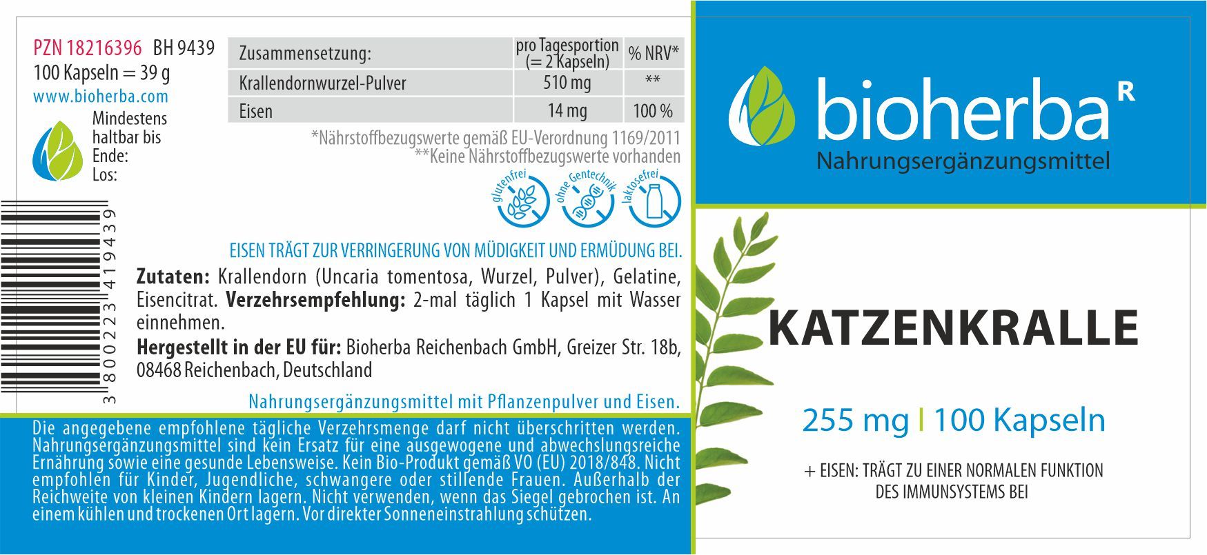 Etikett mit Produktname, Marke, Inhaltsstoffen und Nährwertangaben. Enthält Informationen zu Gluten-, Laktosefreiheit.