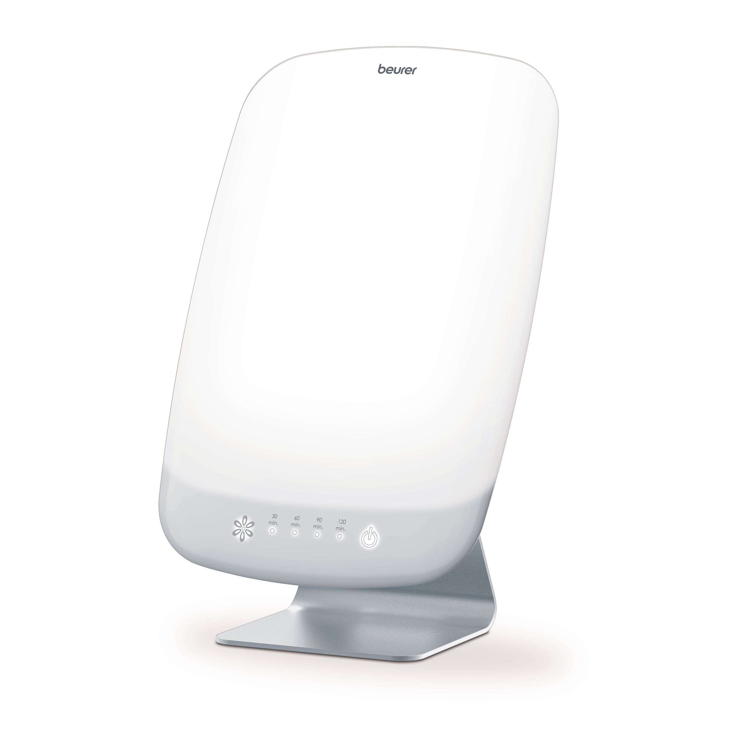 Helle, weiße Tageslichtlampe mit abgerundeter Form und silberfarbenem Standfuß. Bedienfeld mit Symbolen.