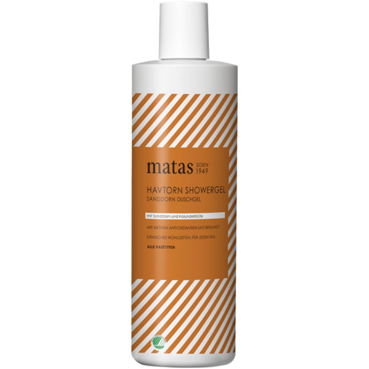 Matas Beauty Sanddorn Duschgel. Weiße Flasche mit braunen diagonalen Streifen. Braunes Etikett mit Text. Grünes Logo unten.