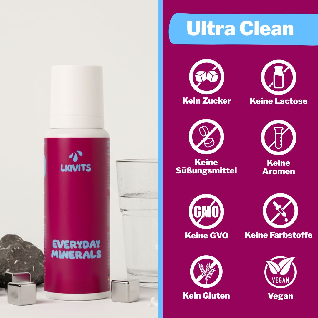 Flasche LiqVits Everyday Minerals, Glas Wasser, Steine und Würfel. Aufschrift: Ultra Clean. Kein Zucker, Laktose, Süßungsmittel, Aromen, GVO, Farbstoffe, Gluten, Vegan.